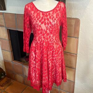 Free People Hot Red Floral Mesh Lace Dress, 6!